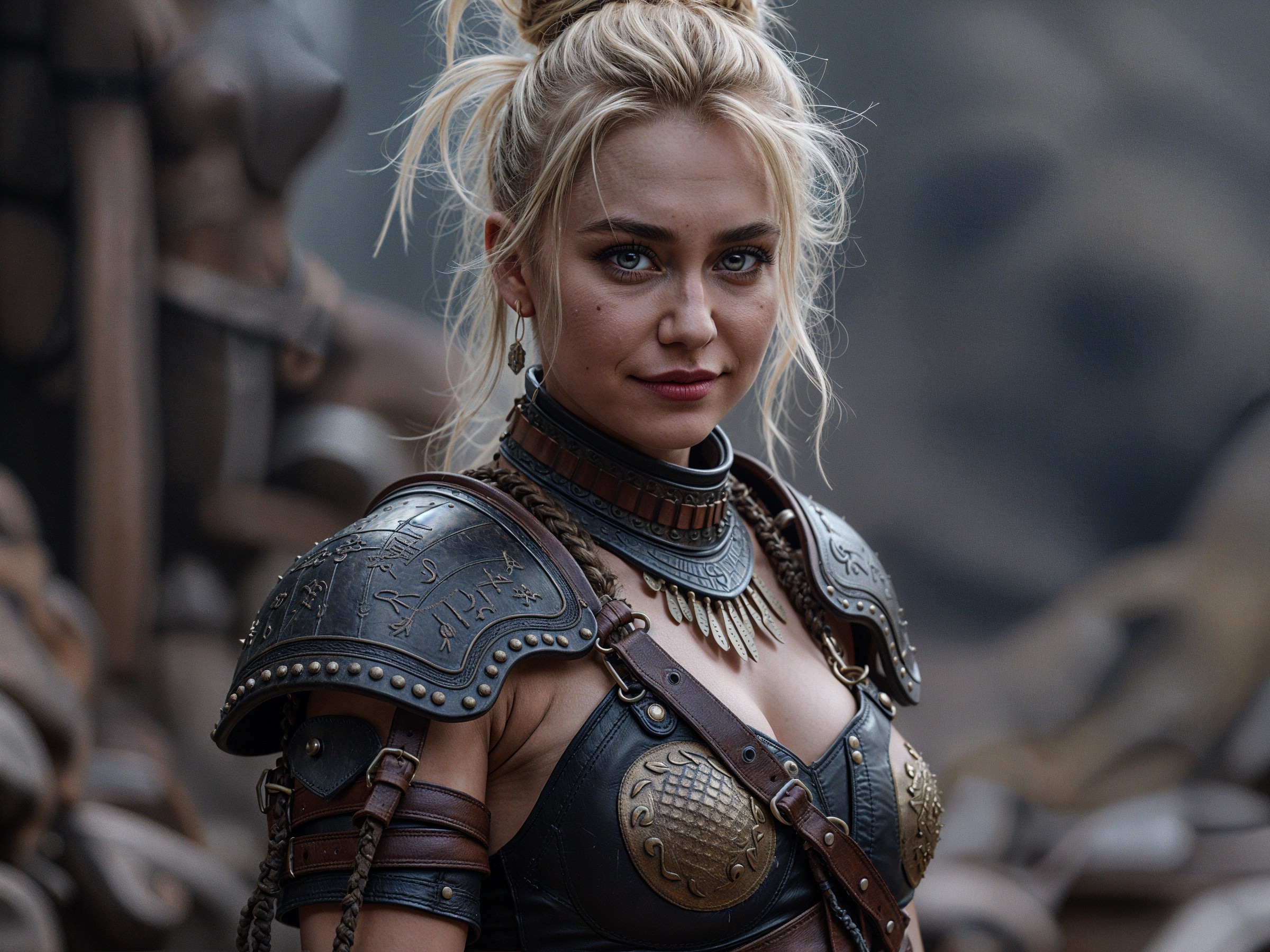 Fierce warrior in detailed armor with striking features