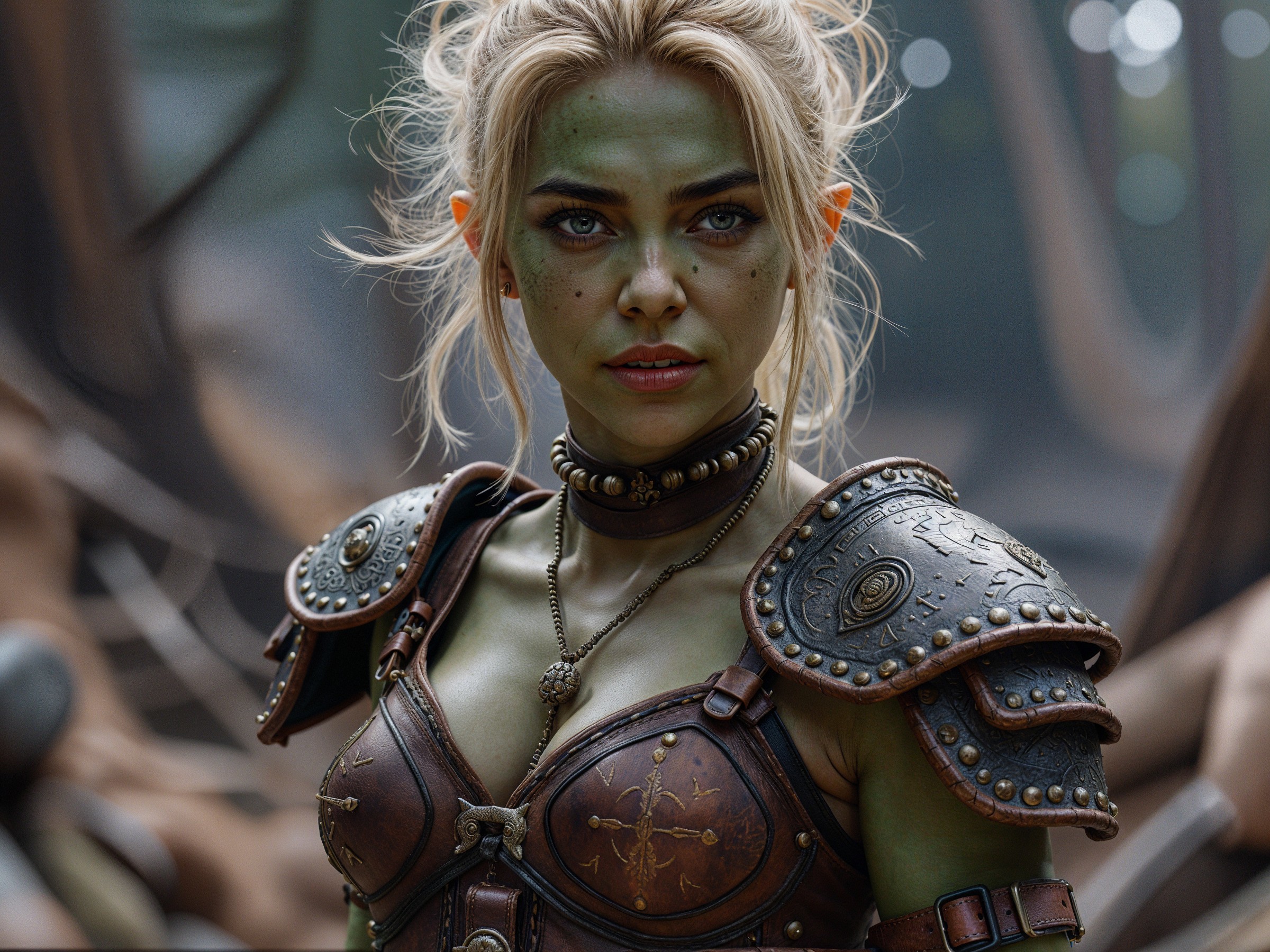 Fierce Warrior in Enchanted Forest with Green Skin