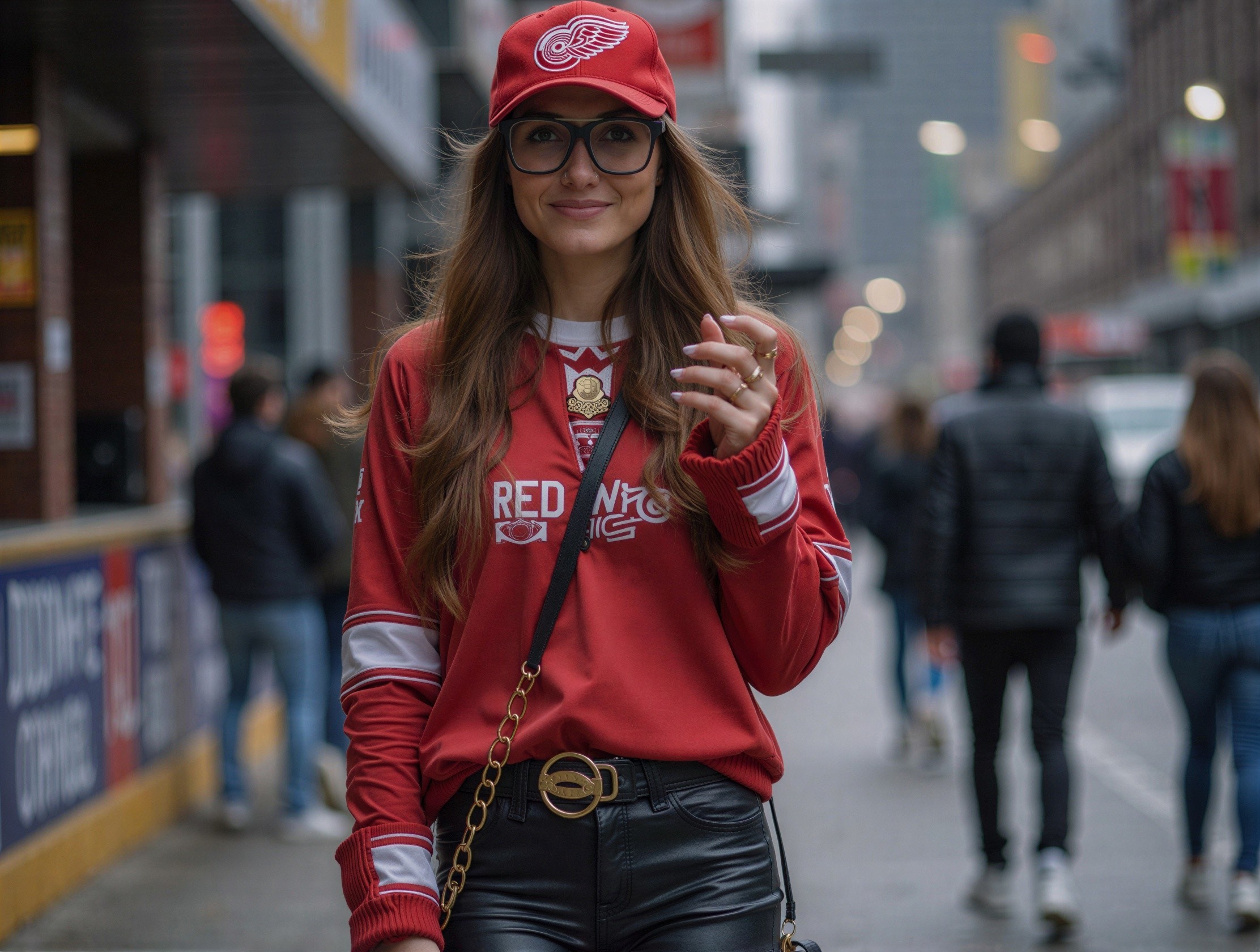 Young woman in red outfit on city street with glasses