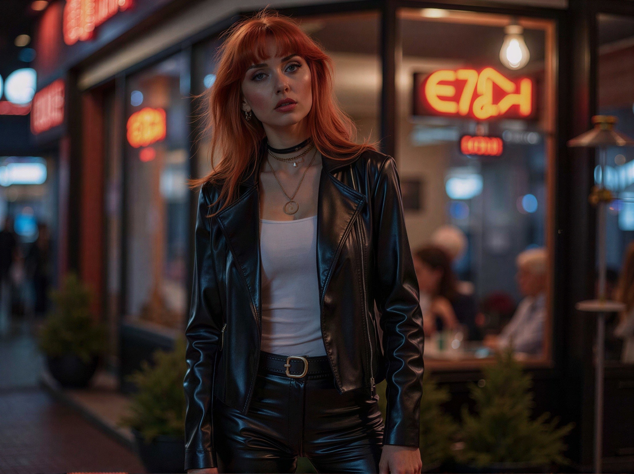 Young woman in leather outfit outside restaurant at night