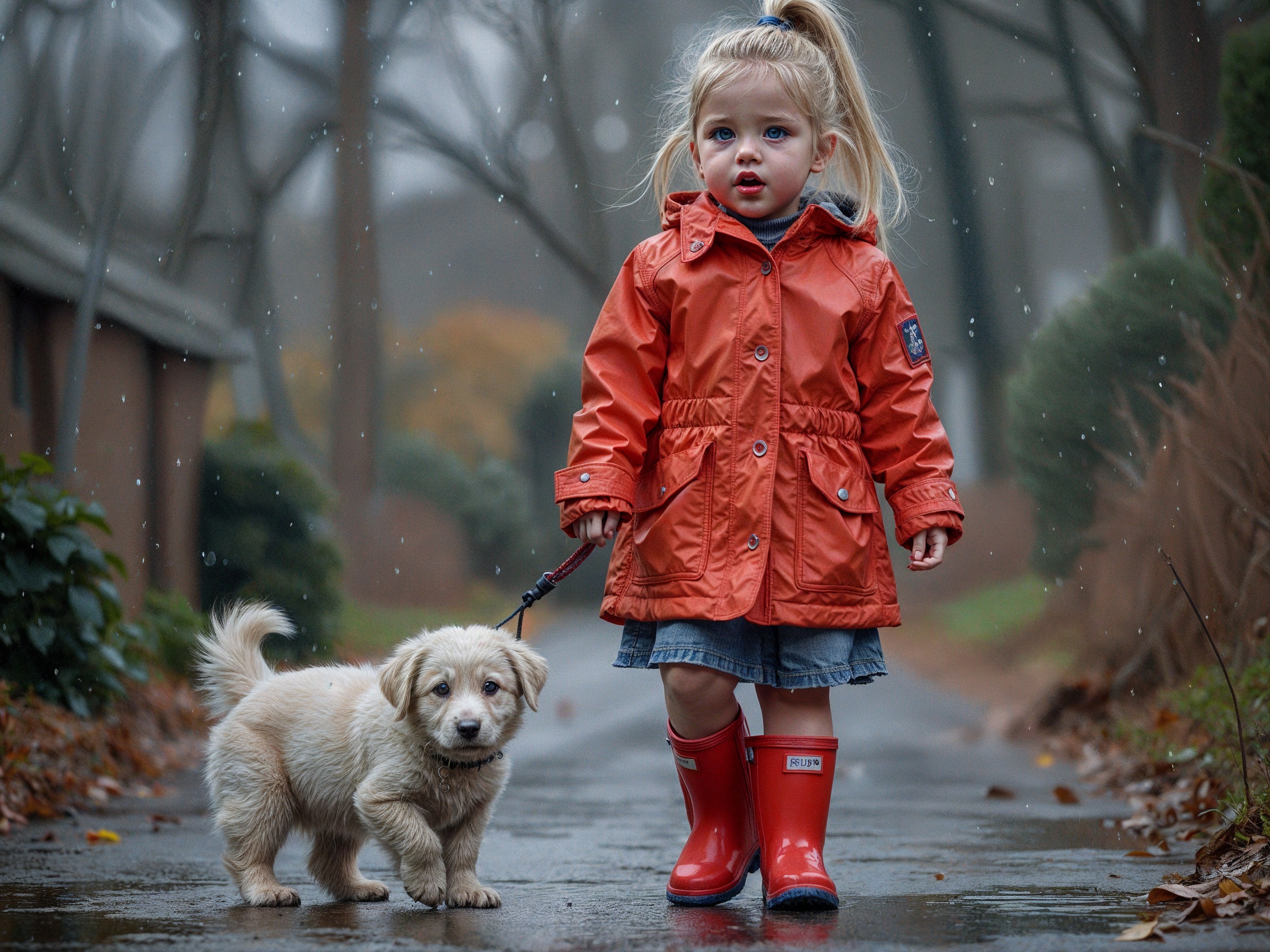 Child in Orange Raincoat Walks Puppy on Rainy Day