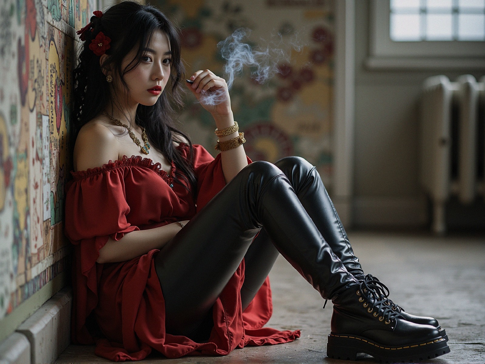 Young woman in red dress with smoke and floral accessory