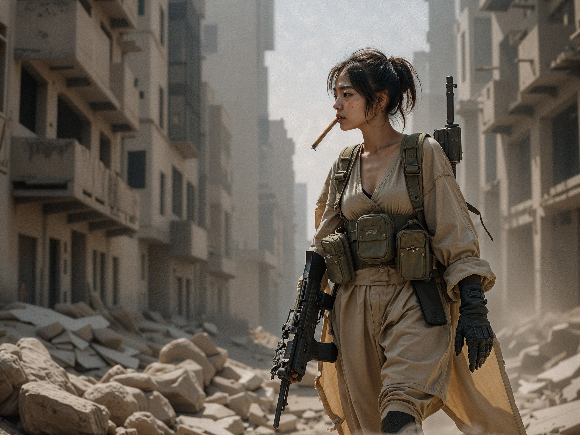 Female Soldier in Tactical Gear in Urban Ruins