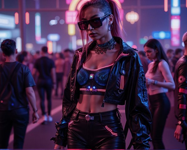 Stylish Woman in Vibrant Futuristic Nightclub Scene