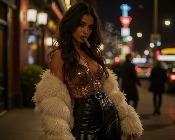 Young woman in sequin top with cityscape backdrop