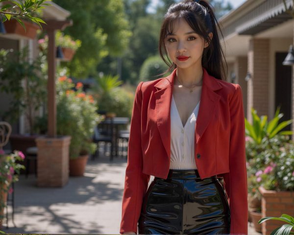 Young woman in stylish outfit in sunny garden setting