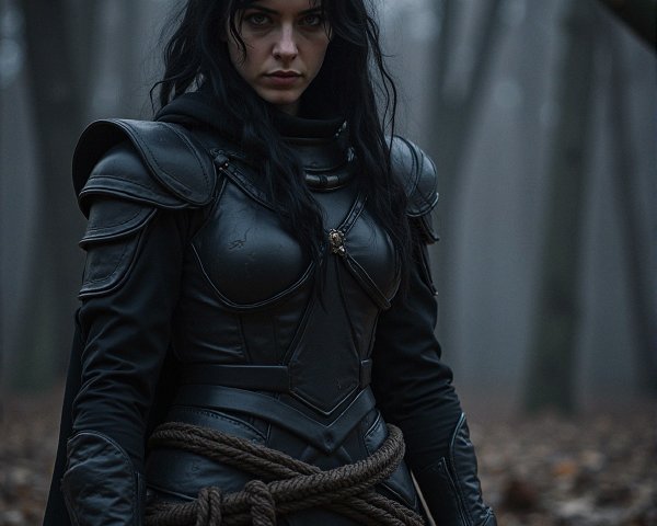 Warrior in Dark Armor Stands in Misty Forest