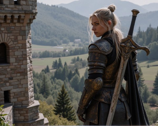 Warrior on Castle Edge Overlooking Serene Valley