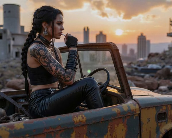 Woman in a rusty car amidst an abandoned landscape
