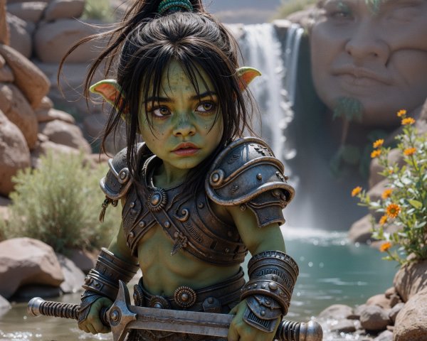 Young Green-Skinned Character by Waterfall in Armor