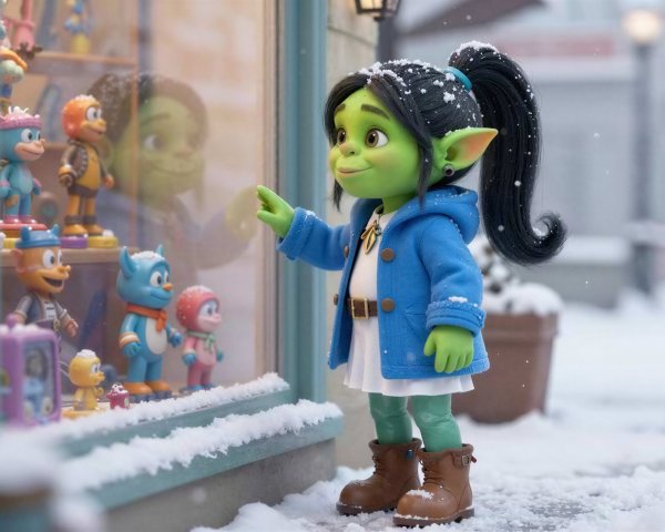 Green-Skinned Creature in Winter Toy Store Setting