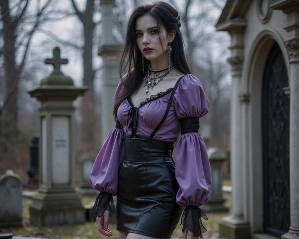 Goth Woman in Cemetery with Purple Blouse and Leather Skirt
