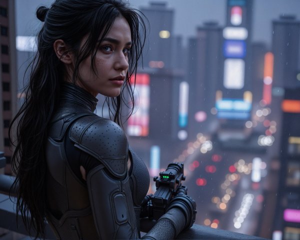 Futuristic Rooftop Scene with Woman in High-Tech Armor