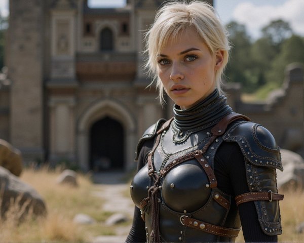 Young Woman in Intricate Armor in Fantasy Landscape