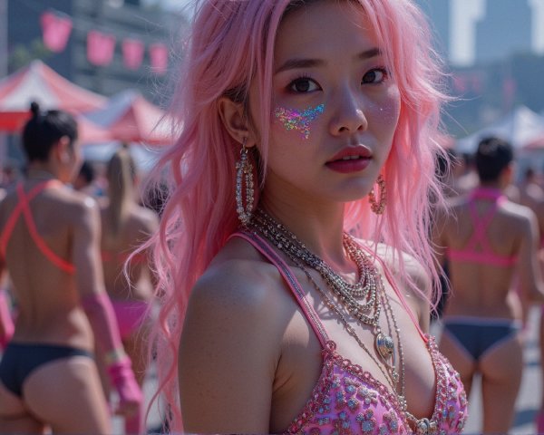 Young Woman with Pink Hair at Colorful Festival