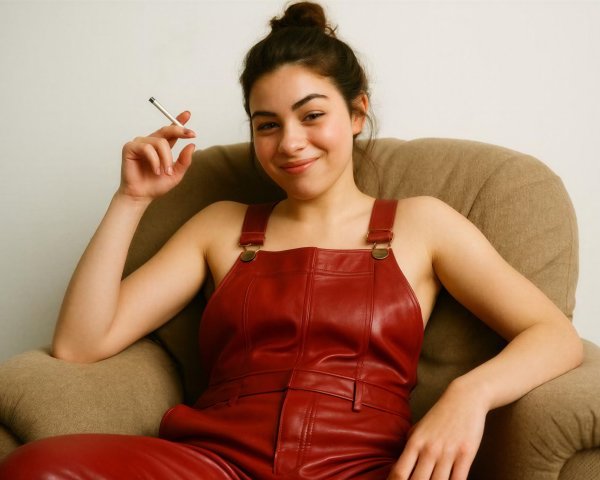 Young woman in red leather overall seated in armchair