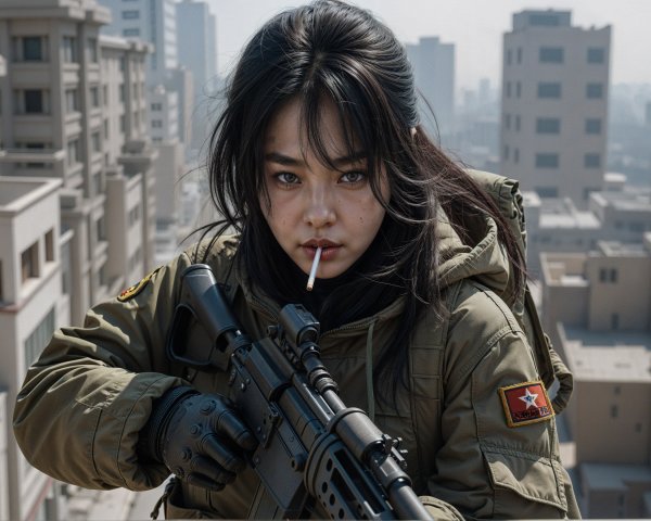 Young Woman in Military Jacket Over Cityscape
