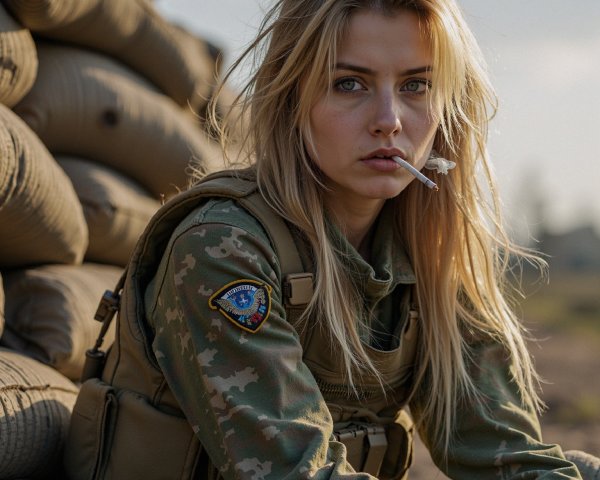 Young Woman in Military Attire with Sandbag Backdrop