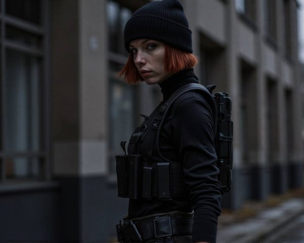 Medium Close-Up of Woman as Black Widow in Dark Setting