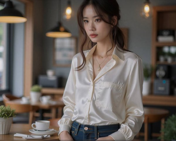Young woman in cafe with silk shirt and jeans