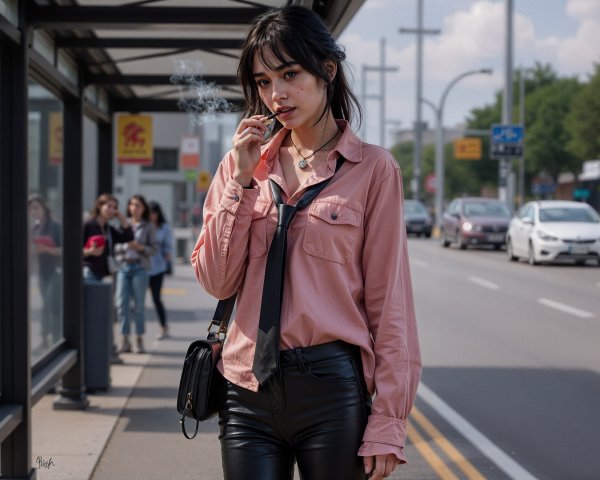 Young woman at bus stop in casual attire with cigarette