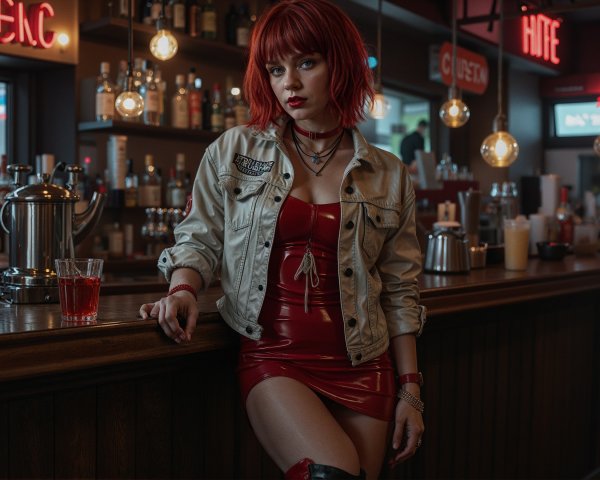 Confident Woman in Red Dress at Lively Bar Scene