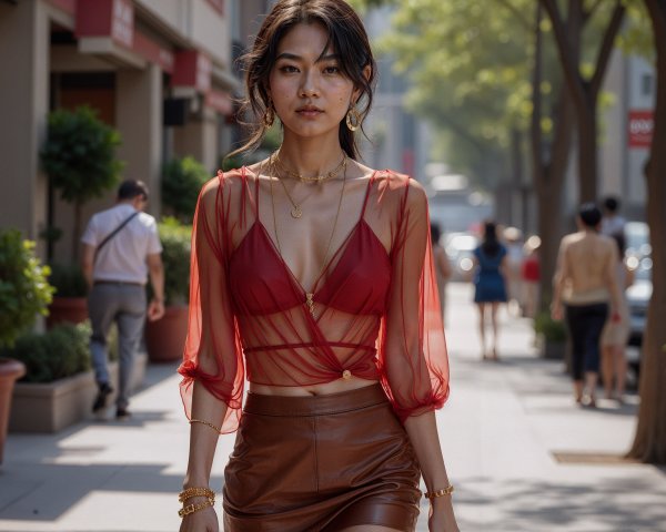 Fashionable Woman in Red Sheer Top on Urban Street