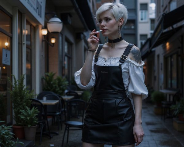 Young woman in alleyway with platinum blonde hair