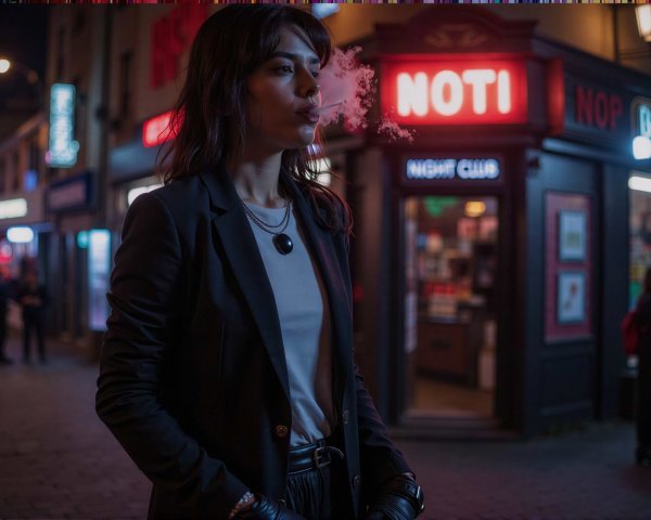 Woman in Black Blazer Exhaling Smoke on City Street