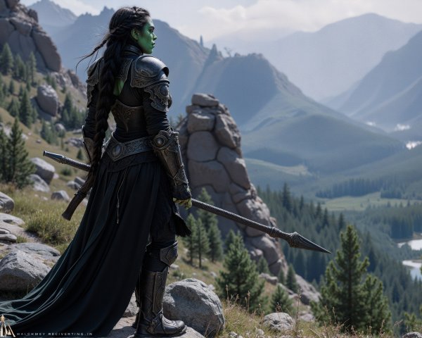 Warrior in Ornate Armor Overlooking Mountainous Landscape