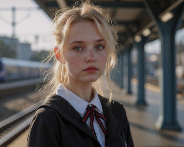 Young Woman with Blonde Hair on Train Platform