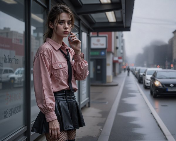 Young Woman at Rainy Urban Bus Stop in Edgy Style