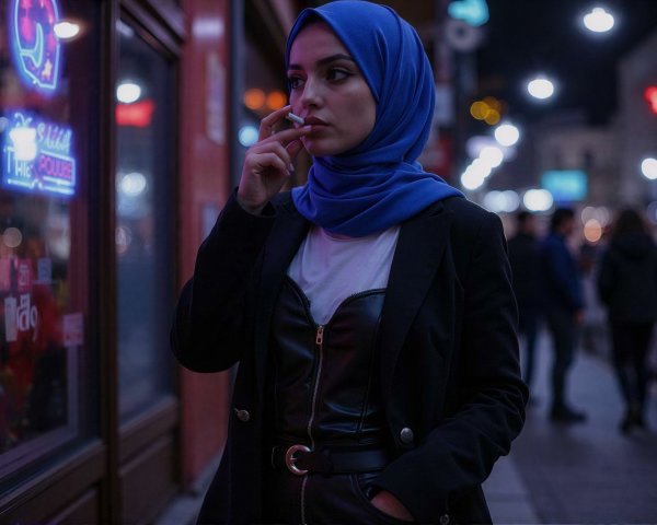 Arab Woman in Blue Hijab with Neon Background