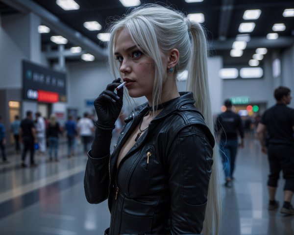 Young woman in leather outfit at busy convention center