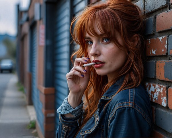 Young woman with red hair in urban setting
