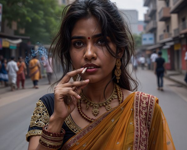 Young woman in vibrant saree on busy street
