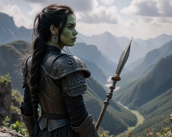 Fierce warrior on cliff with mountainous landscape view