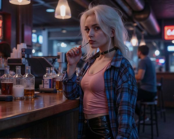 Young woman with platinum hair at a bar setting