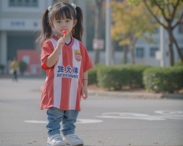 Young girl in soccer jersey on a paved sidewalk