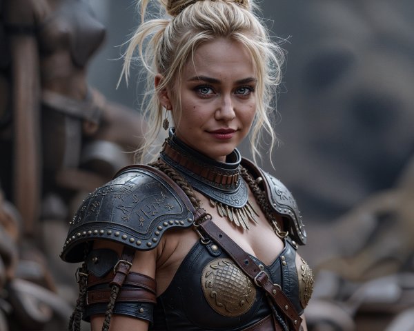 Fierce warrior in detailed armor with striking features