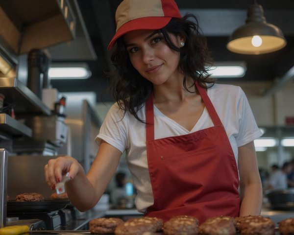 Young woman in kitchen with burger patties and apron