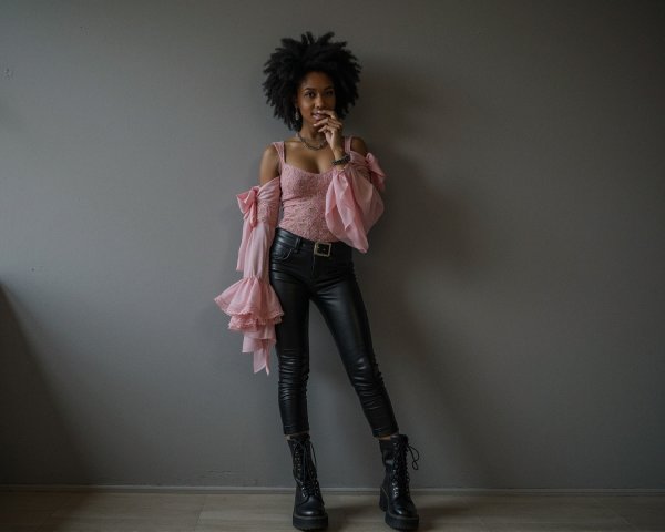 Confident Young Woman in Edgy Fashion Against Wall