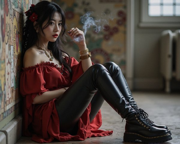 Young woman in red dress with smoke and floral accessory