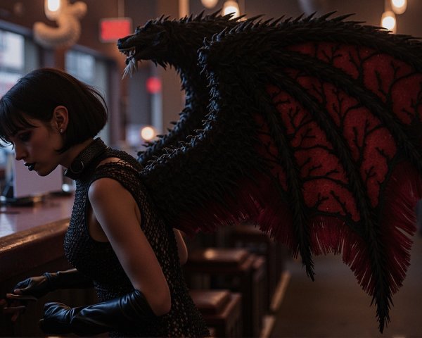 Lone Figure in Gothic Mesh Outfit at Dimly Lit Bar