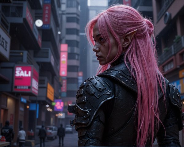 Character with Pink Hair in Neon Urban Setting