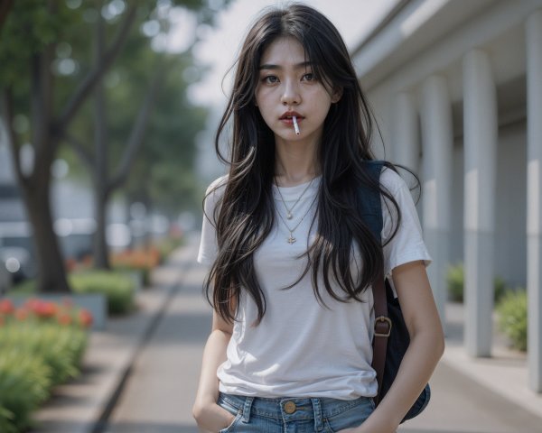 Young woman in casual attire on a sunny sidewalk