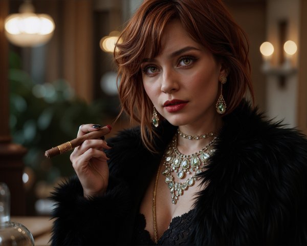 Sophisticated Woman with Cigar in Elegant Setting