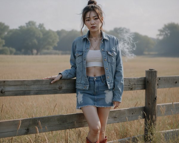 Young Woman in Casual Outfit by Wooden Fence