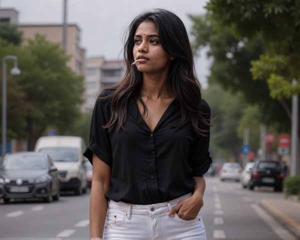 Young Woman in Urban Setting with Black Shirt and Jeans