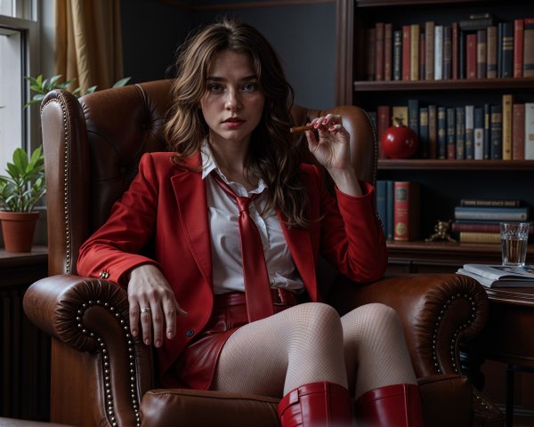 Young Woman in Red Blazer in Vintage Armchair Setting